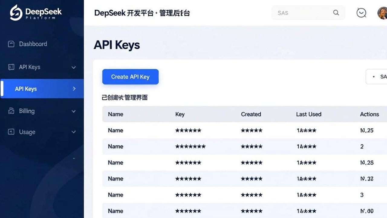 DeepSeek API 开发者平台后台管理界面，API Keys 创建与管理页面